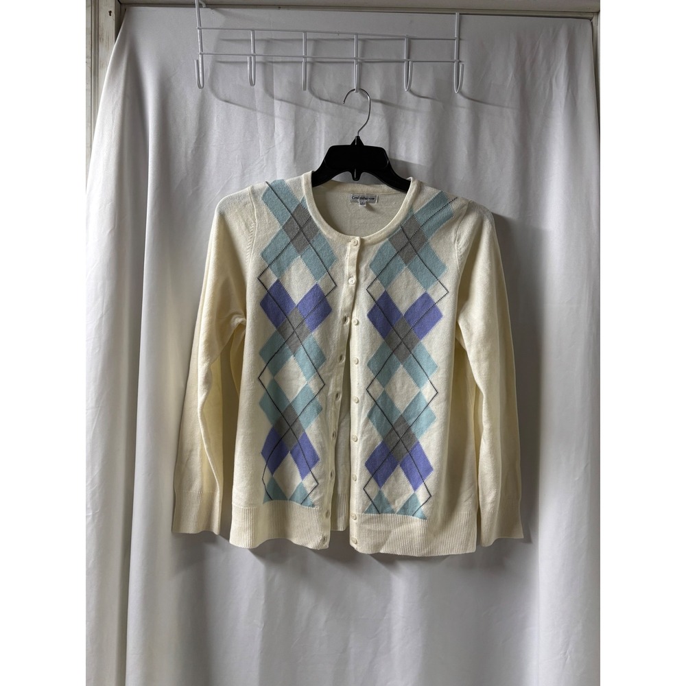 Croft & Barrow Cream Button Down Cardigan with Blue‎ Argyle Women's Size Large